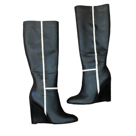 Calvin Klein Poloma Tall Black Wedge Boots w/ White Stripe Size 9 Women's - Picture 1 of 12